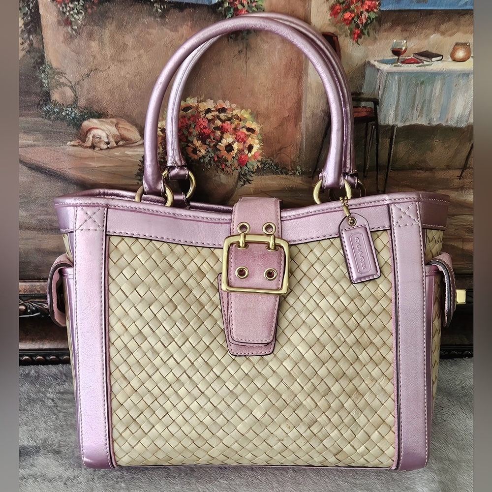 Woven Straw Tote with Pink Leather Trim